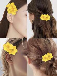 2pcs Yellow Flower Hair Clips, Hawaiian Flower Hair Clips, Women's Double Flower Hair Clips, Side Flower Hair Clips, Beach Wedding Hair Accessories, Hairpin - Yellow - View 6