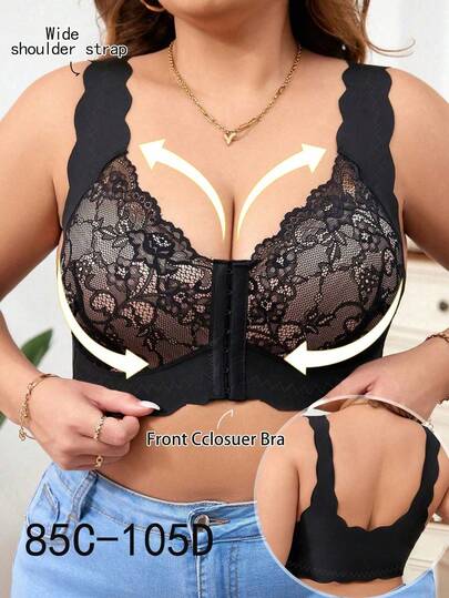 Plus Size Fashion Lace Front Closure Comfortable Wireless Racerback Bra