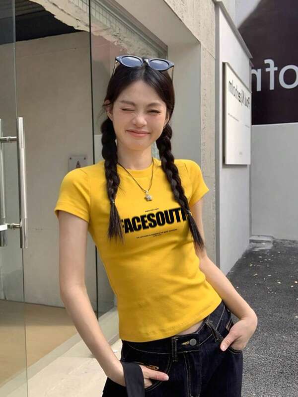 Letter Print Fitted Short Sleeve T-Shirt For Women, Vintage Chic Graphic Tee Versatile Top For Summer