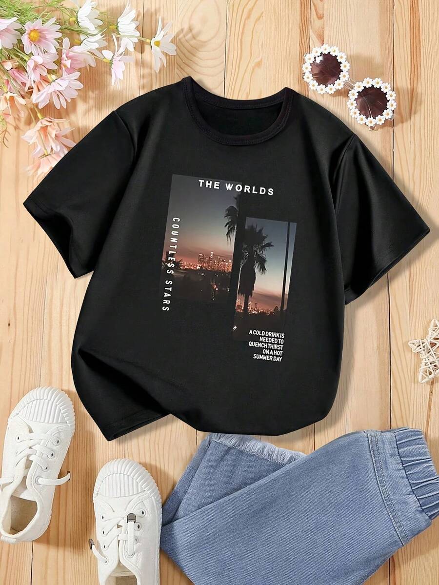 Leisure Pattern Pink Crew Neck Pullover Short Sleeve T-Shirt Summer Upper Wear For Girls And Teens