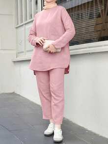 圣诞节宽松休闲中东阿拉伯风格落肩纯色两件套女装，圣诞节服装，新年派对服装，优雅女士套装，休闲女士套装，节日服装，冬季服装，春季粉色 - 粉色 - 查看 4