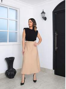 Long Skirt With Belt Zipper With Belt - Khaki - View 8
