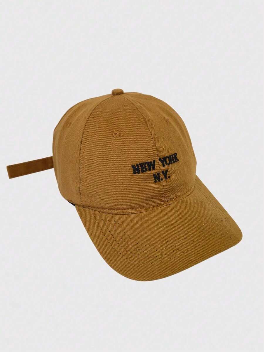 New York Embroidered Cotton Brim Cap With Adjustable Strap And Buckle - Rust Brown - View 1