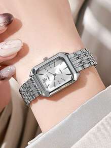1 pièce Montre Quartz Carrée Pour Femme, Bracelet En Acier Inoxydable À La Mode, Design Minimaliste Et Polyvalent