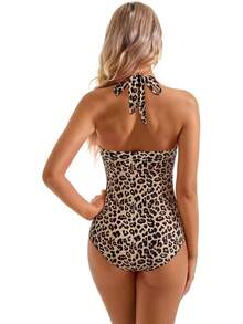 Women Sexy Tummy Control One Piece Swimsuit Halter Retro Bathing Suit - 68 Leopard - View 3