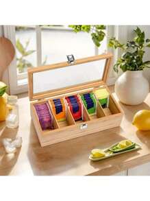 1pc Bamboo Tea Bag Organizer With Transparent Glass Lid - Multi-Compartment Storage Box For Tea, Coffee, And Desk Supplies, Natural Wood Finish, Colorful Tea Bag Display, Perfect For Kitchen Or Office Organization, Tea Storage, Shelf Baskets Back To School