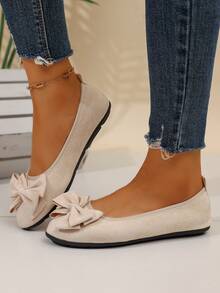Women's Comfortable Stylish Bow - Embellished Closed - Toe Flat - Heel Casual Elegant Daily Wear Spring/Summer Beige Suede Ballet Flats - Beige - View 7