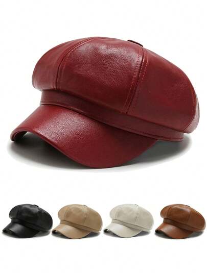 1 Piece Simple Multifunctional Solid Color PU Leather Octagonal Hat For Women, Spring, Summer, Autumn, Winter, Many Colors To Choose From, Fashionable Casual High Quality, Very Suitable For Gifts Christmas Gifts