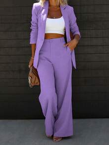 Elegant Notched Collar Single-Breasted Suit Jacket And Wide-Leg Pants Set - Mauve Purple - View 9