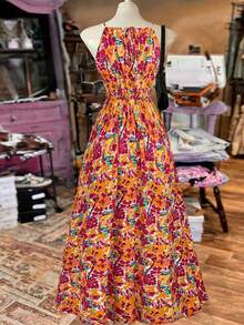 Ditsy Floral Sleeveless Halter Neck Hollow Out Slit Maxi Dress Vacation Beach Elegant Dress For Women, Spring/Summer - Multicolor - View 3