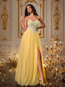 VIPGIRL 闪亮黄色亮片束身网纱礼服，迷人吊带正式晚礼服，高开衩长款派对礼服，尽显奢华优雅，优美长裙 - 黃色 - 查看 4