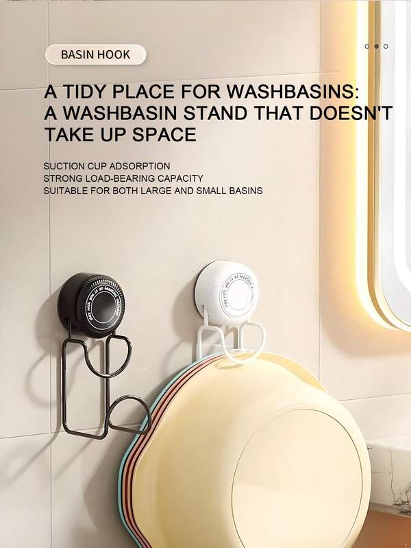 1 Pack Art Decor Style Plastic Sucker Washbasin Hook-Wall-Mounted, No Need To Punch Holes, Bathroom And Toilet Hanging Basin Storage Rack, Space-Saving Storage Rack, Bathroom Storage And Storage Rack. Back To School