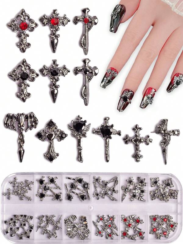klenot 1 Box mit 60 silbrigen Legierungs-3D-Nagelverzierungen in antiker Kreuzform für Nail Art, Vintage-Dunkel-Stil Metall-Nageldekor-Box für Metalltextur, Halloween Punk-Stil DIY Nagelform Dekoration, Nagelfalsch-Nageldekoration Accessoires