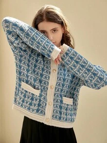 Knit Mix Women's Knitted Geometric Pattern Commuter Shirt, Suitable For Autumn/Winter, Round Neck Long Sleeve With Pocket, Regular Loose Fit, Comfortable, Back To School Season - Blue and White - View 5