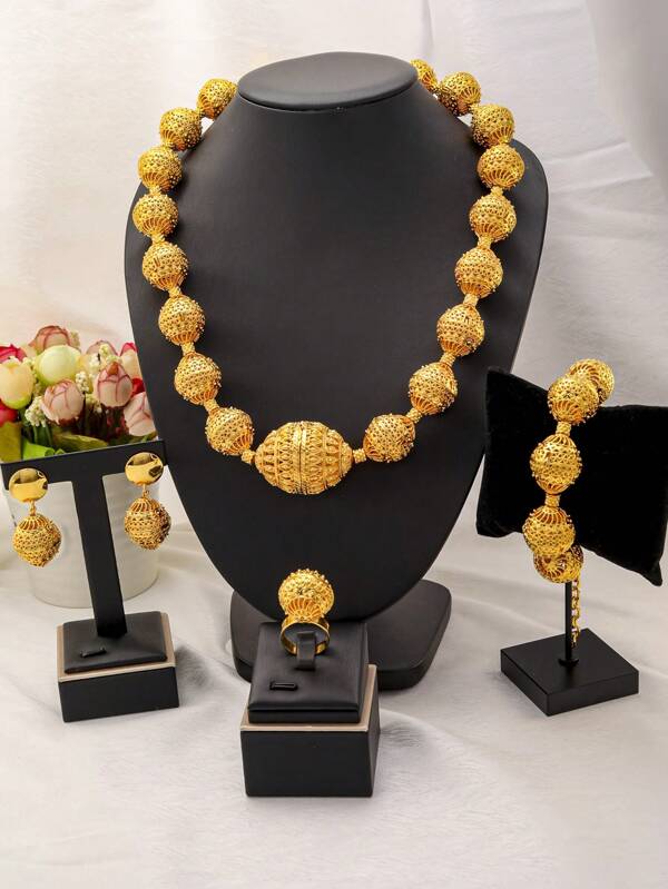 5pcs Exaggerated Bead African Women Necklace Jewelry Sets 24K Gold Plated Luxury Bridal Wedding Birthday Party Anniversary Necklace Set