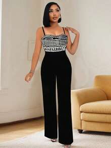女式黑色无袖吊带连体裤优雅派对装，配有闪亮亮片水钻细节和高弹力面料，细肩带水钻，阔腿连体裤，性感派对装 - 黑色 - 查看 2