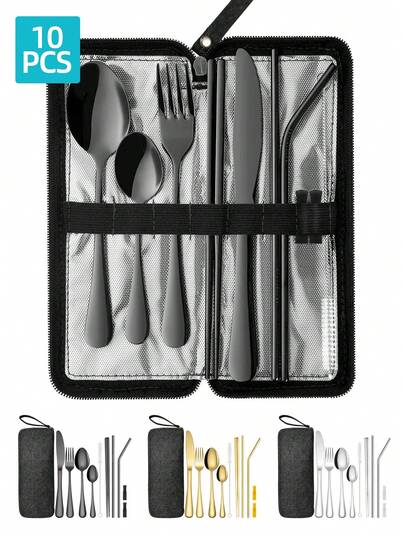 10pcs Reusable Portable Travel Cutlery Set, Includes Chopsticks, Straws, Knife, Fork, Spoon, Straw Brush, Stainless Steel Silverware Set With Carrying Case, Black/Gold/Silver For Camping & Picnic,School Supplies
