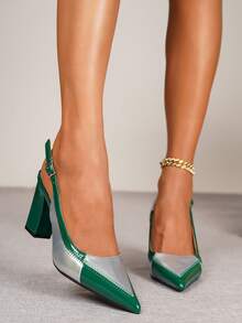 女士时尚尖头大码百搭时尚粗跟撞色优雅性感高跟鞋 - 綠色 - 查看 8