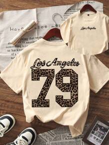 1 szt. Koszulka z krótkim rękawem dla dziewczynki z nadrukiem w panterkę, wygodna i modna letnia bluzka dla młodych uczniów