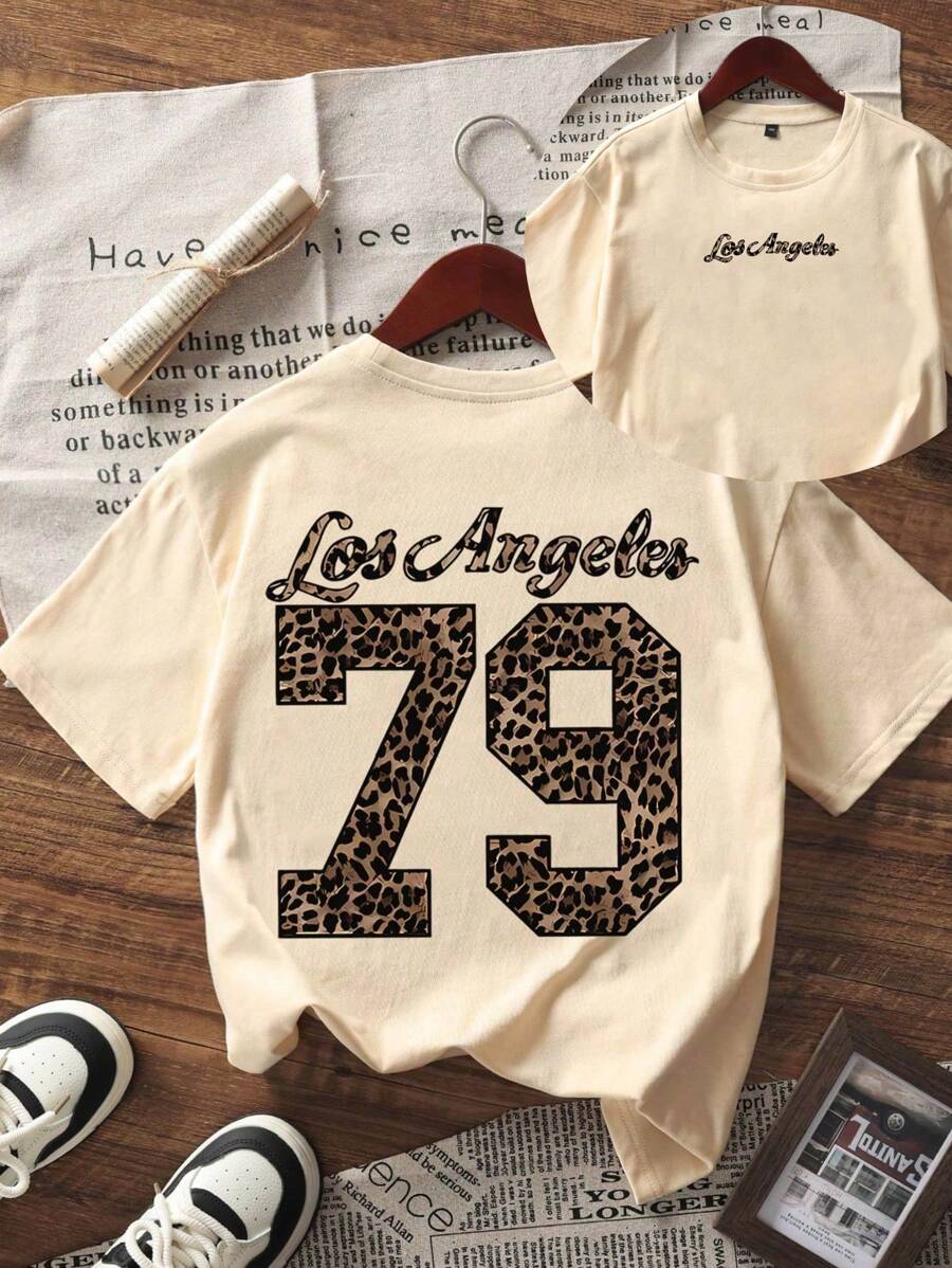 1 szt. Koszulka z krótkim rękawem dla dziewczynki z nadrukiem w panterkę, wygodna i modna letnia bluzka dla młodych uczniów