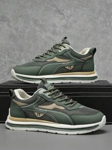 Flipark 1 Pair Men's Casual Everyday Comfortable Sneakers, Men's Colorblock Mesh Breathable Lace-Up Low-Top Athletic Shoes, Thick Sole Casual Style, Multiple Colors (Green / Black / White), Mesh + Leather Trainers