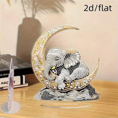 2D/平面 DIY 桌面钻石艺术画套装，特殊形状水钻桌面装饰，家用宝石绘画工艺套装，礼物，大象抱月，手工艺品，送给朋友的绝佳礼物
