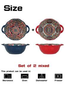 1 件波西米亚风格双柄陶瓷碗，高端设计，适合餐厅、家庭、面碗、汤碗、学校用品 - 彩色 - 查看 10