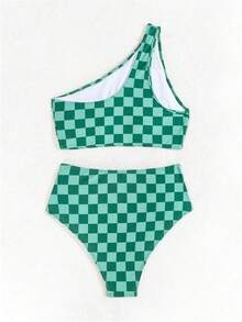 Retro Checkerboard Bikini – Asymmetrical Crop Top & Tummy Control Fit - Green Plaid - View 6