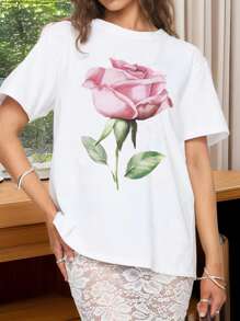 Women's Loose Tops Summer Causal Fruit Print/Rose Print Loose Round Neck Half Sleeve T Shirt
