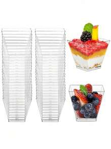 100 piezas Vasos transparentes para postres y gelatina con cucharas, vasos de postre mini reutilizables, suministros para fiestas, tazas para mouse cake, tazas para pudín, suministros para fiestas, viajes al aire libre y picnics
