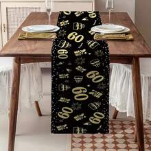 1pc 60th Black & Gold Number Table Runner, Rectangular, 100% Polyester Woven, Suitable For 60th Theme Party, Happy Birthday Party, Birthday Party Supplies