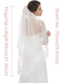 Short Wedding Veil With Comb - 2 Tier Bridal Veil, 24" Length Tulle Bride Accessories For Women - Ngà 2 & Có ngọc trai - Xem 4
