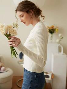 Knit Mix Elegant Women's Fashion Knitted French Commuter Cardigan, Long Sleeve Zip-Up Fitted Sweater, Casual Autumn/Winter Fashion, Ideal Valentine's Day Gift, Understated Vintage Style, Back To School Fall Outfit, Suitable For Christmas, Thanksgiving And New Year Occasions - White - View 3