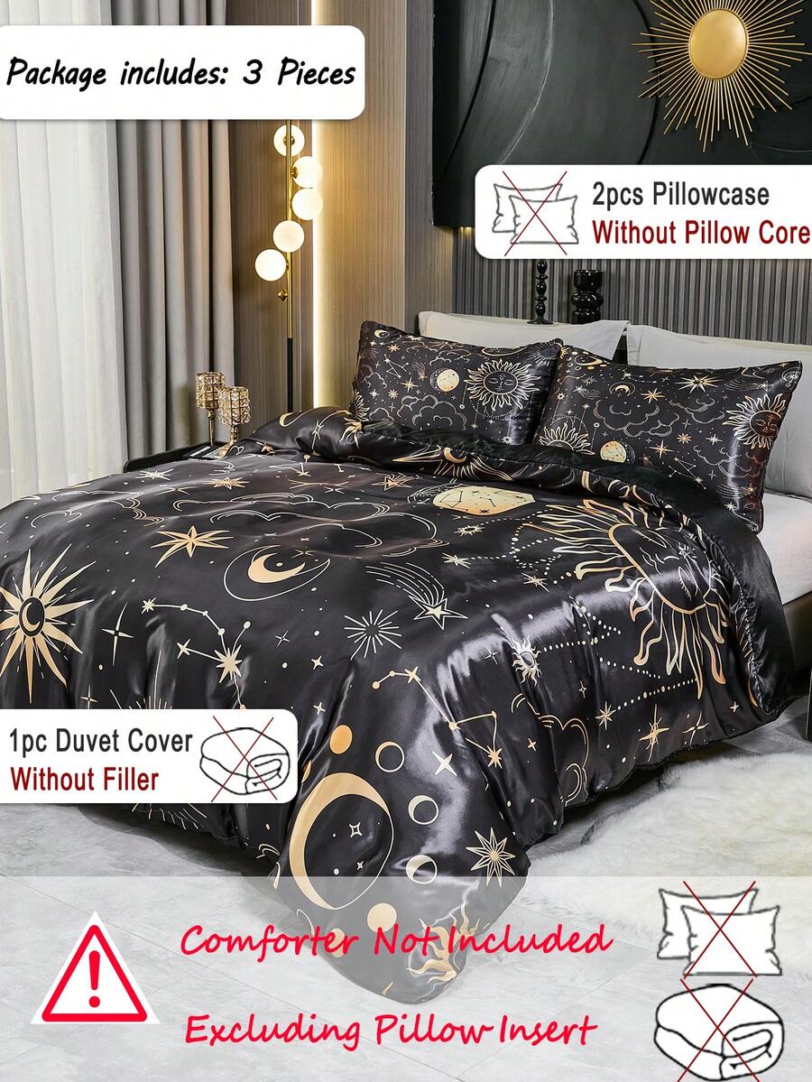3 件套奢华提花床上用品，数码印花星月图案黑色背景（1 个羽绒被套 + 2 个枕套，不含填充物），个性化经典，柔软涤纶，适合主卧、客房，四季皆宜，送礼佳品 - 彩色 - 查看 1