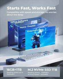 AK1PLUS Mini PC 16GB DDR4 1024GB M.2 SSD, 12th Gen Alder Lake-N N100 (Max 3.4GHz), Mini Computer mit 4K @ 60Hz UHD Dual Display/RJ45, Micro PC für Business, Büro, Schule, Zuhause
