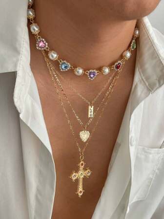 4 件套赛博朋克风格十字架项链配饰女士多层夸张时尚百搭吊坠