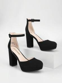 Women's Platform High Chunky Heels Pumps Closed Toe Block Ankle Strap Solid Color Comfortable Fashionable Bridal Party Wedding Dress Shoes - màu đen - Xem 3