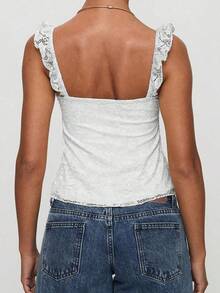 Sexy Lady Lace Design Frill Strap Bow Detail Lace Patchwork Sleeveless Tank Top, Spring/Summer New Arrival - White - View 8
