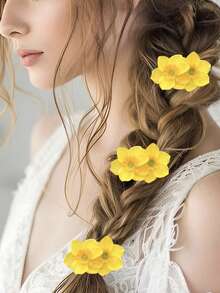 2pcs Yellow Flower Hair Clips, Hawaiian Flower Hair Clips, Women's Double Flower Hair Clips, Side Flower Hair Clips, Beach Wedding Hair Accessories, Hairpin - Yellow - View 2