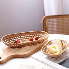 1pc 7.08/10.23 Inch Japanese Style Natural Rattan Bread Basket, Dessert Fruit Tray, Tableware Cutlery Storage Organizer Basket - Yellow - View 4