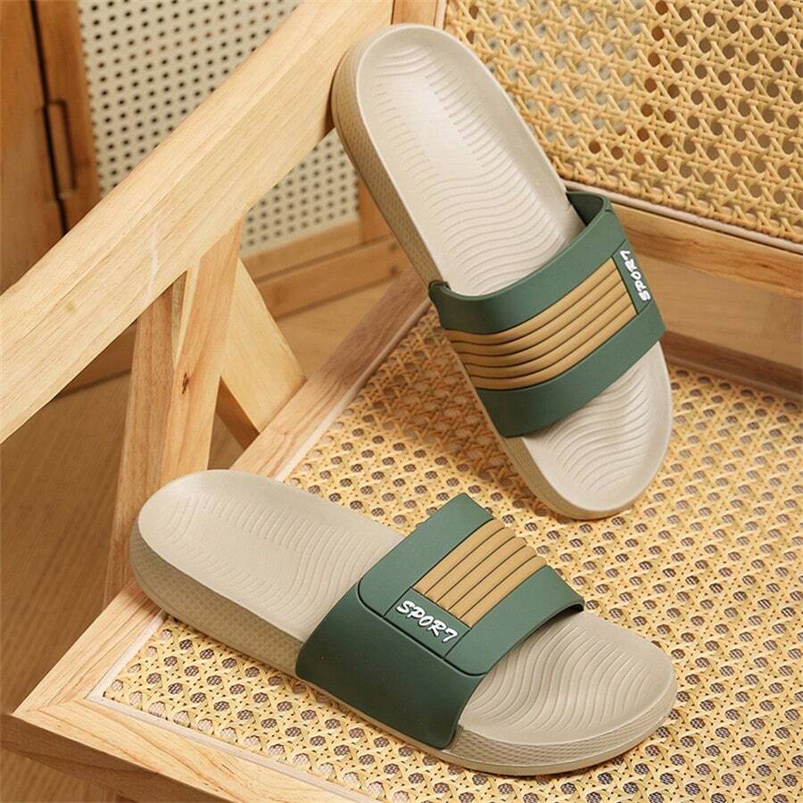 2025 Men's New Outdoor Sports Slippers, Casual Color Block Lightweight Non-Slip Beach Shoes, PU Fabric Sandals For Home, Bathroom And Quick Dry - Green - View 1