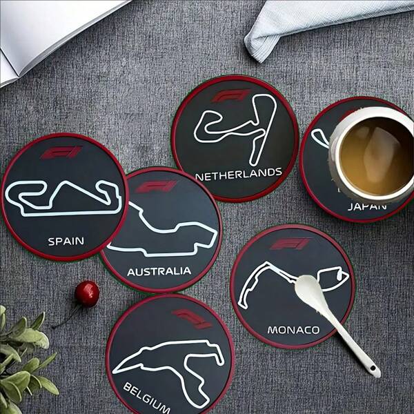 1/6/12 Stück Holz Untersetzer Set, F1 Strecken Muster, Kunst Schreibtisch Dekorationen, geeignet für Zuhause, Büro, Küche, Restaurant, Café Schreibtisch Schutz, ein Muss für Feiertage, Weihnachtsdekorationen, Heim- und Wohnungsdekorationen