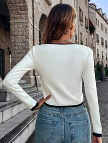 Knit Mix Women Casual Color Block Long Sleeve Knitted Sweater, Crew Neck, Short Style (Pattern May Vary) - White - View 2