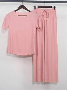 Conjunto de pijama de mujer de 3 piezas, pantalón largo, pantalón corto, camiseta de manga corta - Rosa - Ver 5