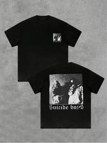 (220g Pure Cotton T-Shirt) Men Plus Size Summer Casual Tee Round Neck Short Sleeve T-Shirt 1Pcs With Mysterious And Edgy "Suicide Boys" Black - And - White Design Double Sided Digital Print - màu đen - Xem 1