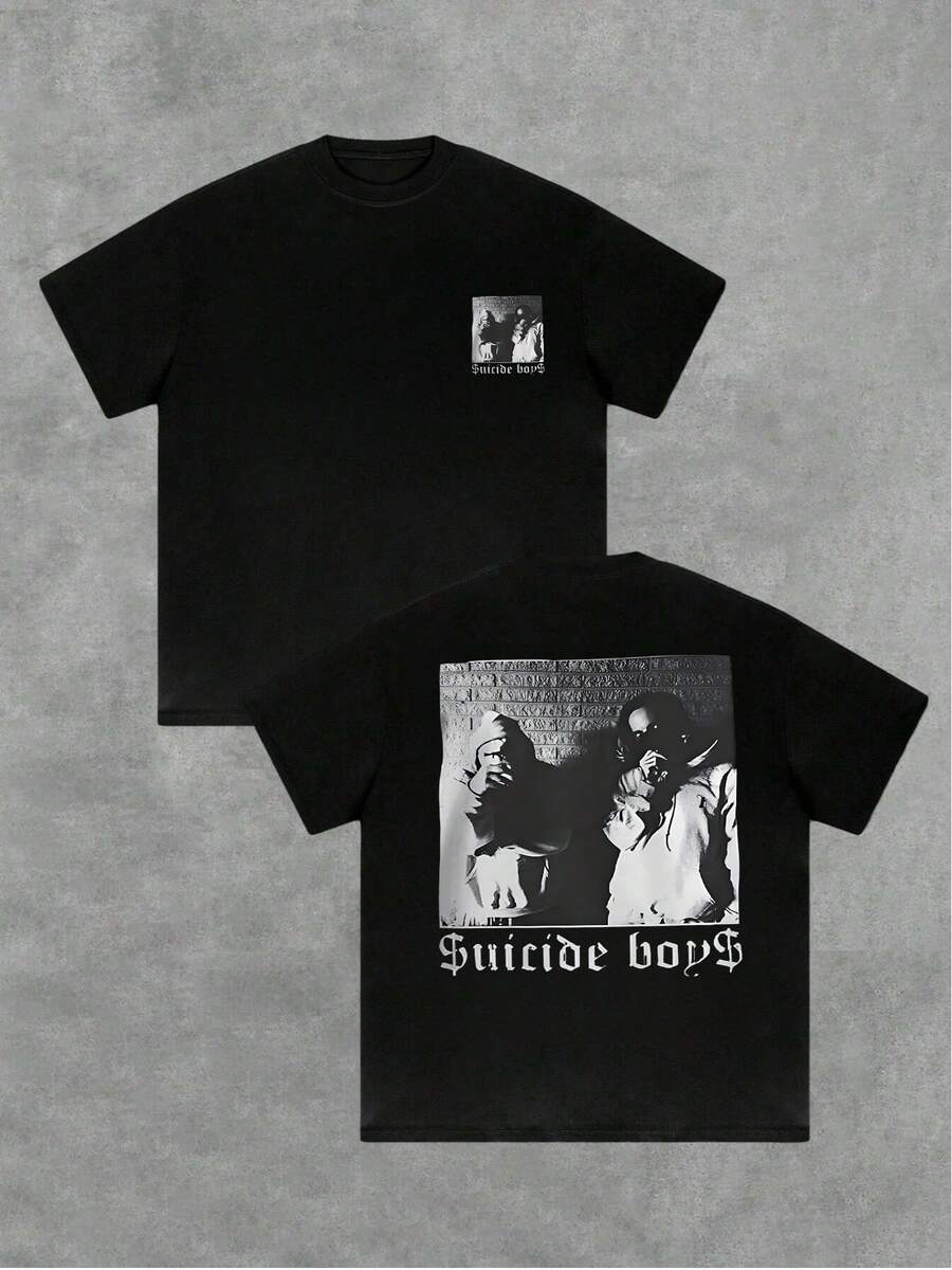 (220g Pure Cotton T-Shirt) Men Plus Size Summer Casual Tee Round Neck Short Sleeve T-Shirt 1Pcs With Mysterious And Edgy "Suicide Boys" Black - And - White Design Double Sided Digital Print - màu đen - Xem 1