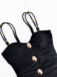 Maiô de Uma Peça Cor Sólida com Fecho Metálico Decorativo, Decote Vazado e Alças Duplas, Roupa de Banho para Resort - Preto - Visão 4