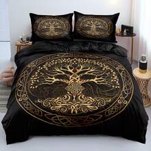 Conjunto de capa de edredom com estampa 3D de árvore antiga e misteriosa dourada, 2/3 peças, conjunto de cama vintage para meninas e meninos, conjunto de capa de edredom em poliéster respirável, decoração de quarto (tamanho 135 x 200, apenas 1 fronha)