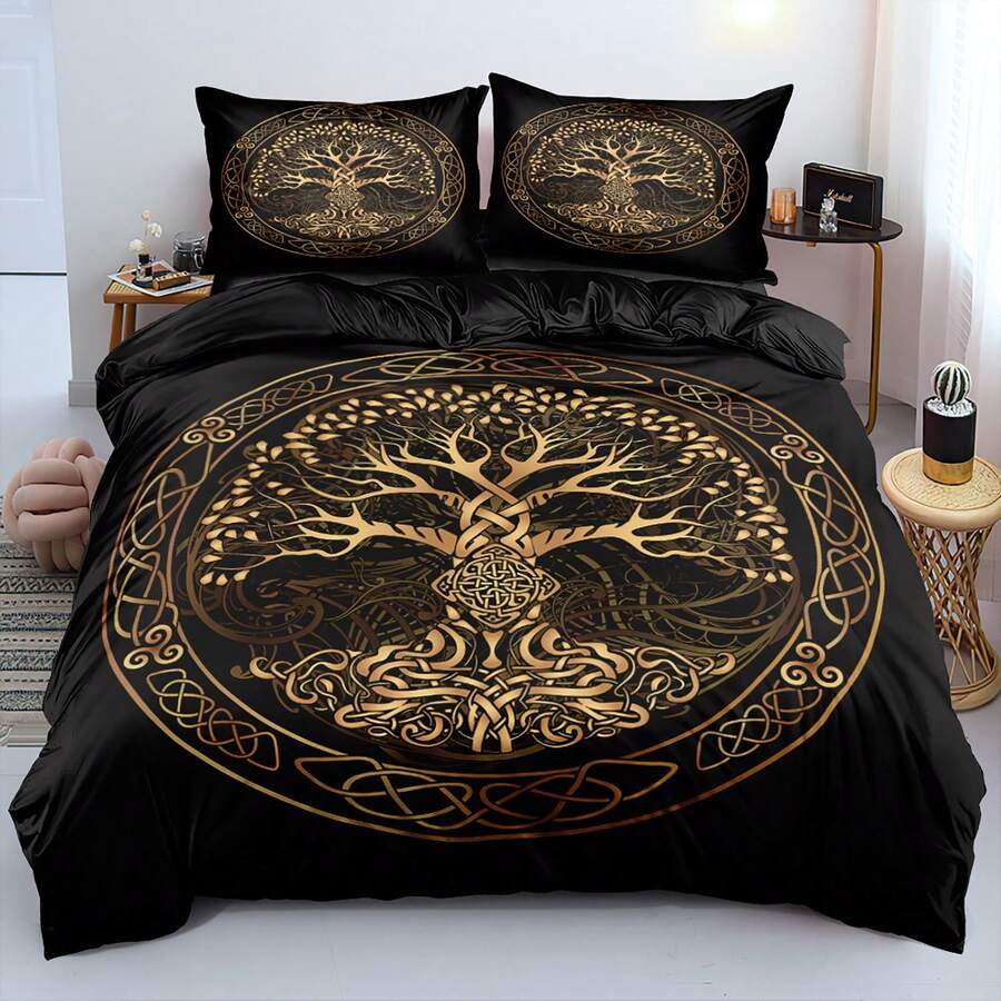 Conjunto de capa de edredom com estampa 3D de árvore antiga e misteriosa dourada, 2/3 peças, conjunto de cama vintage para meninas e meninos, conjunto de capa de edredom em poliéster respirável, decoração de quarto (tamanho 135 x 200, apenas 1 fronha)