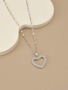 1 pieza Collar con colgante en forma de corazón de cristal de acero inoxidable, un regalo lujoso para mujeres - Plateado - Ver 2